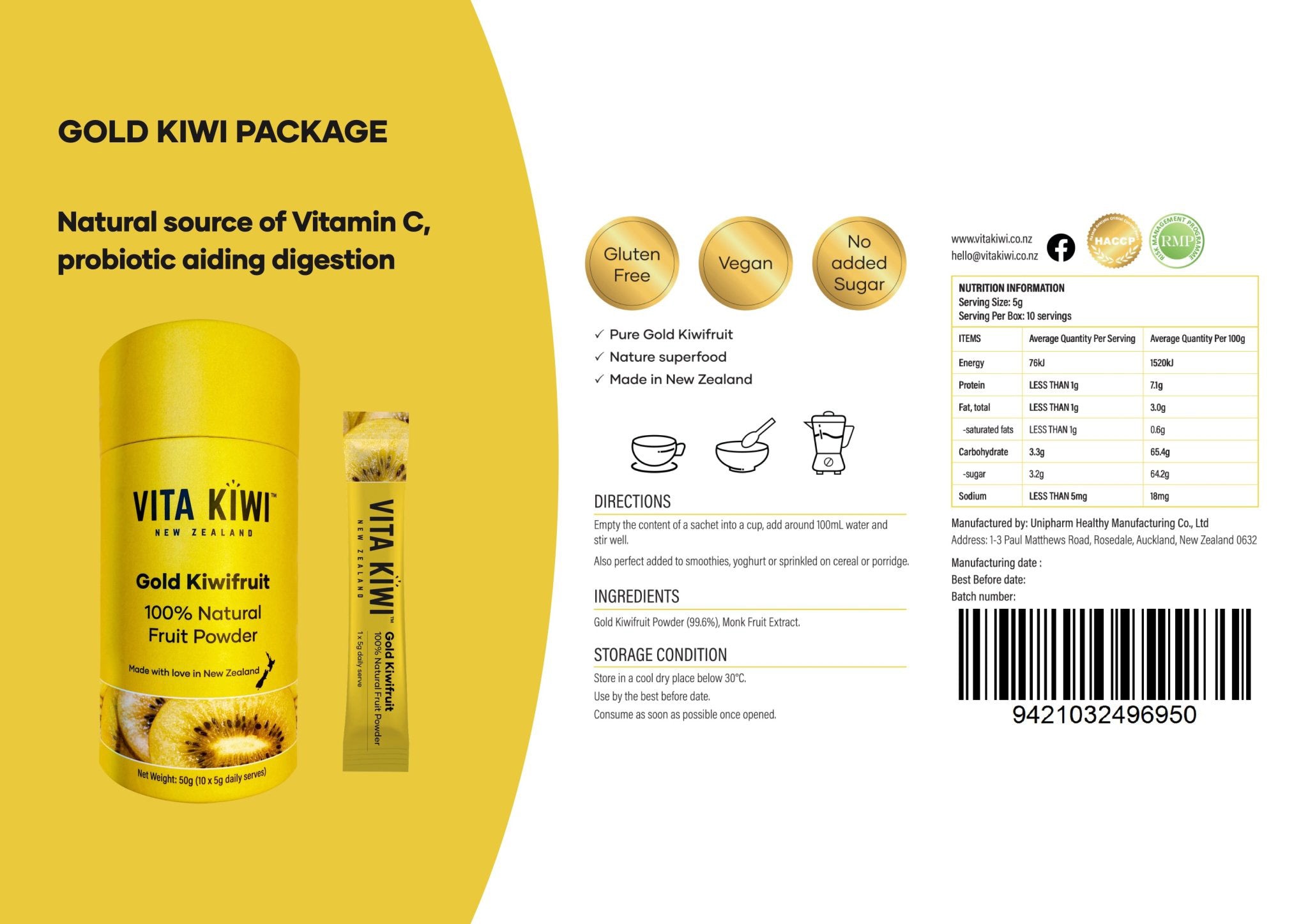 Vita Kiwi 100% Fruit Powder - Gold Kiwi 5g x 10 Sticks Exp: 2024/7